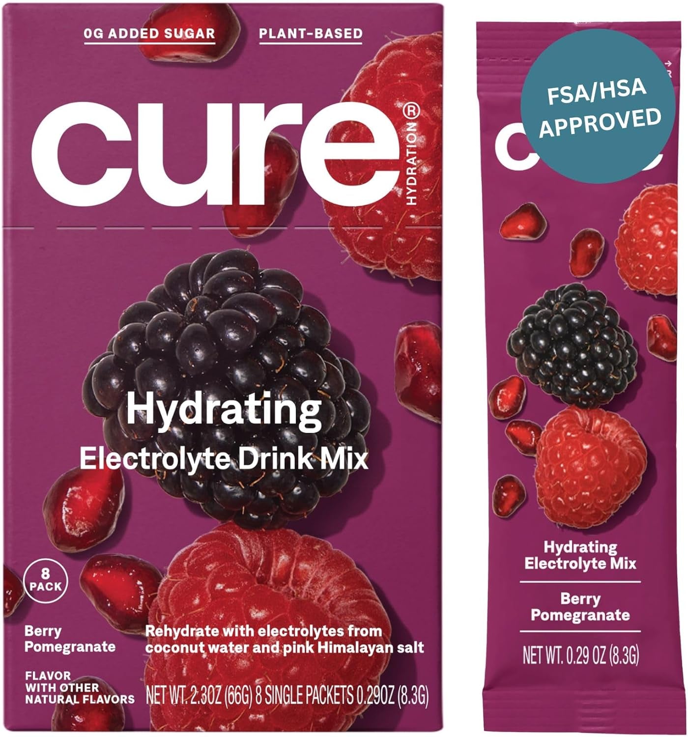 Cure Hydrating Plant Based Electrolyte Mix | Powder for Dehydration Relief | Made with Coconut Water | Non-Gmo | No Added Sugar | FSA & HSA | Vegan | Box of 8 Packets - Berry Pomegranate