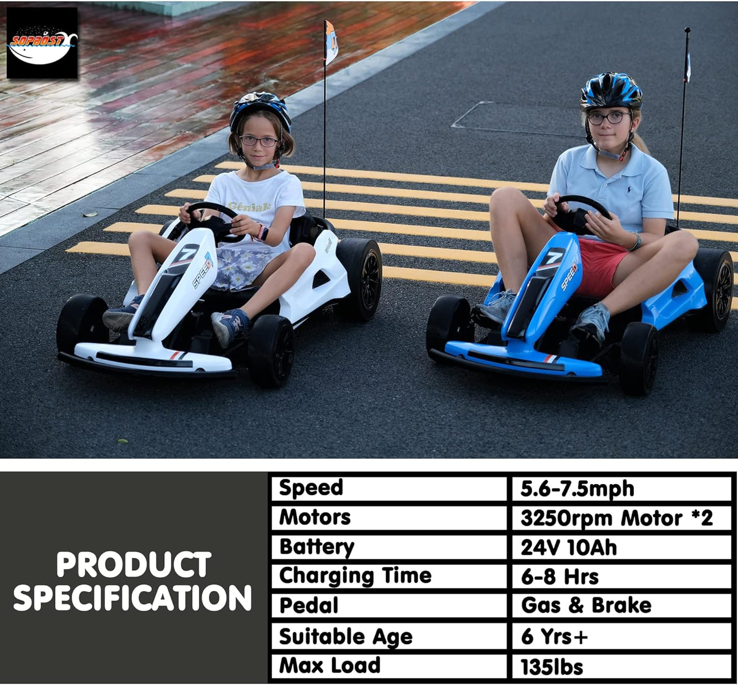 24V 10Ah Electric Go Kart with Drifting Function for Big Kids Age 6+, 2WD Ride on Car with Gas and Brake Pedal, Max Speed 7.5Mph, 135 Lbs Load Capacity - White