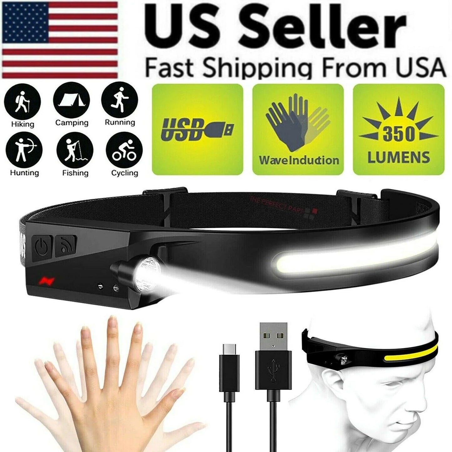 COB LED Headlamp USB Rechargeable Headlight Torch Work Light Bar Head Band Lamp