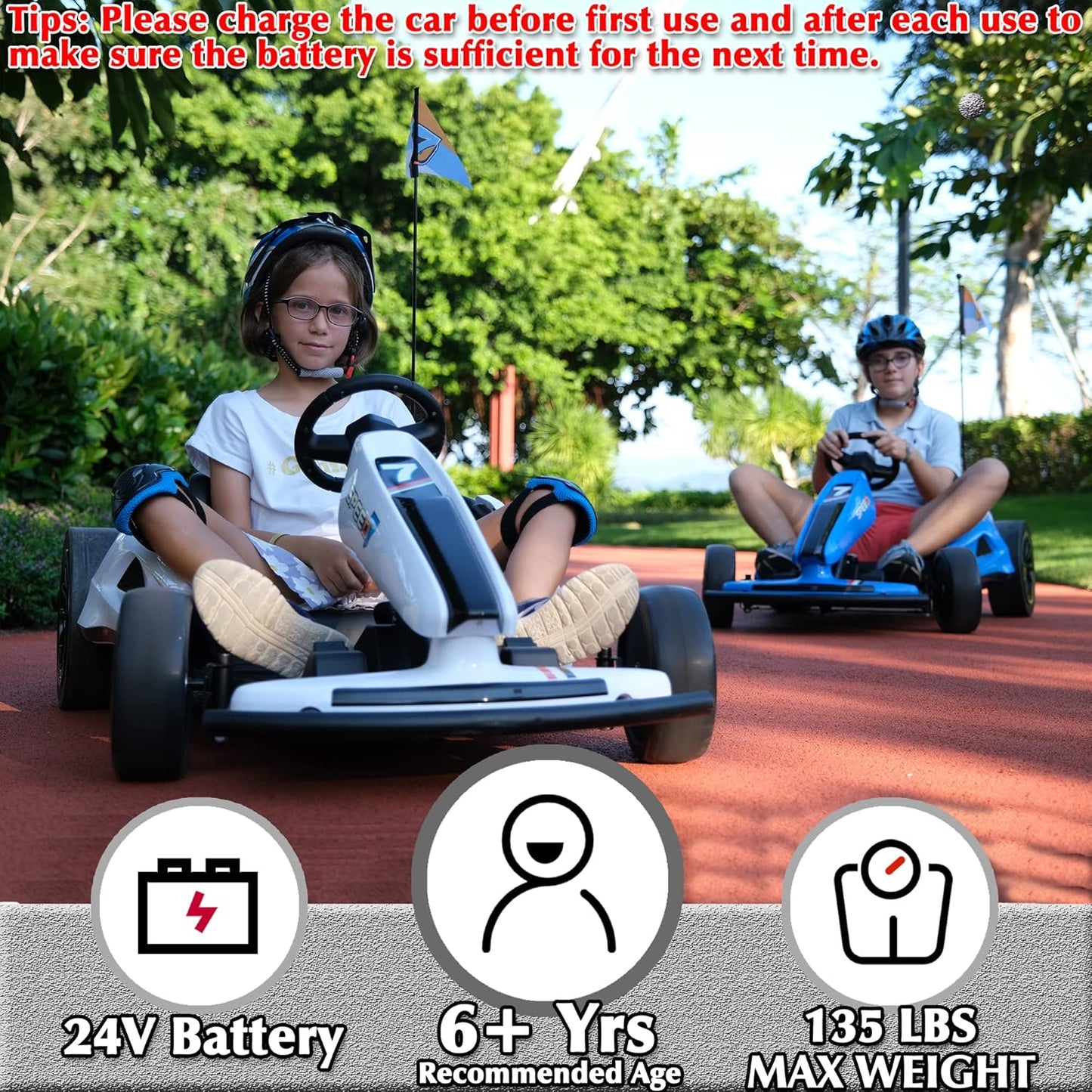 24V 10Ah Electric Go Kart with Drifting Function for Big Kids Age 6+, 2WD Ride on Car with Gas and Brake Pedal, Max Speed 7.5Mph, 135 Lbs Load Capacity - White