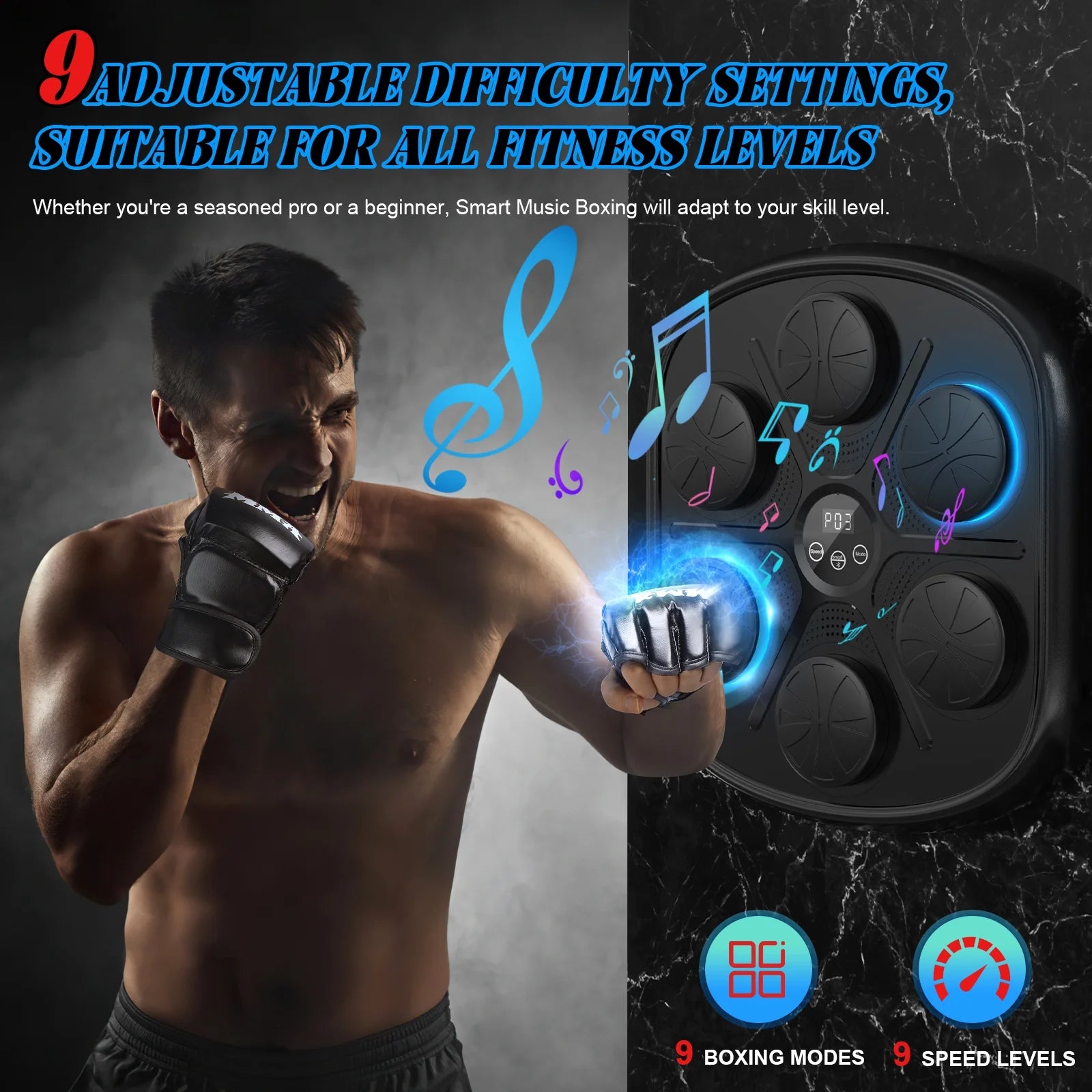 Music Boxing Machine, Kids and Adult Smart Bluetooth Boxing Machine with Boxing Gloves, Boxing Music Fitness Machine with Smart Display Wall Mounted, Boxing Trainer for Home and Gym, Black